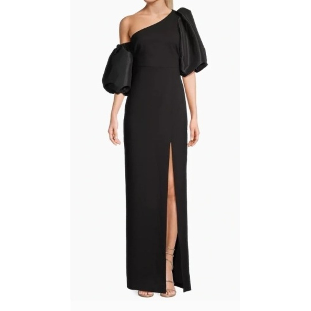 Likely Natasha Black One Shoulder Puff Sleeve Maxi Dress High Slit Formal Gown 8